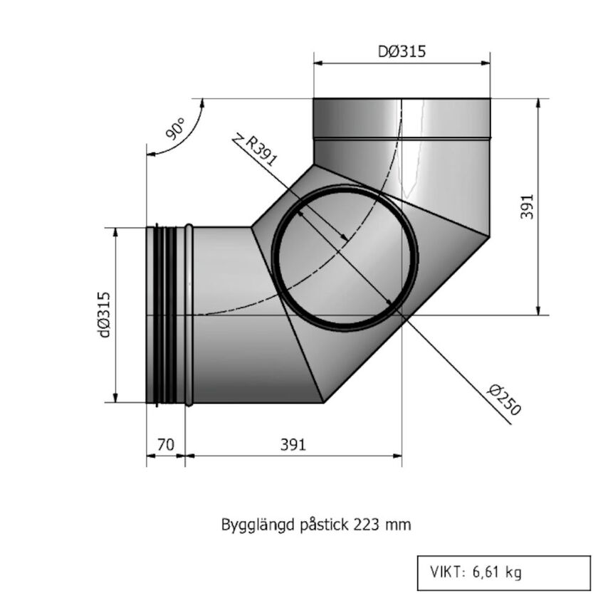 RENSBÖJ HVH HEAT 90° STOS VÄNSTER 315 MM